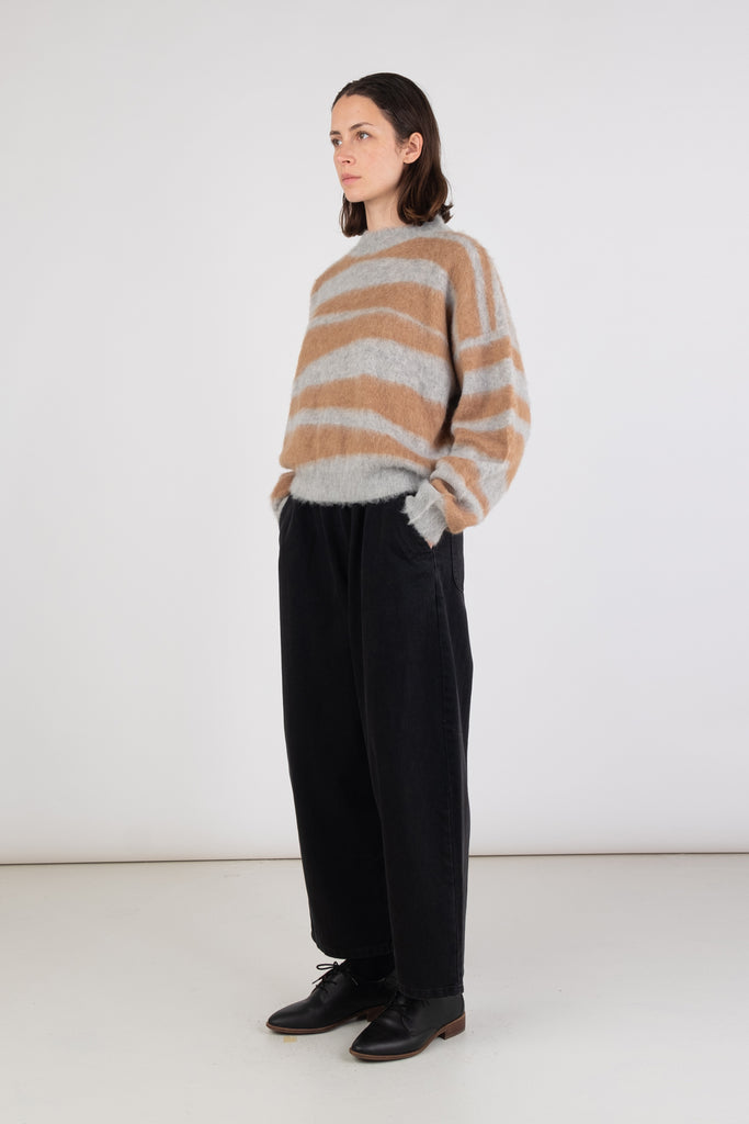 Camel and Heather Grey Stripe Brushed Pullover