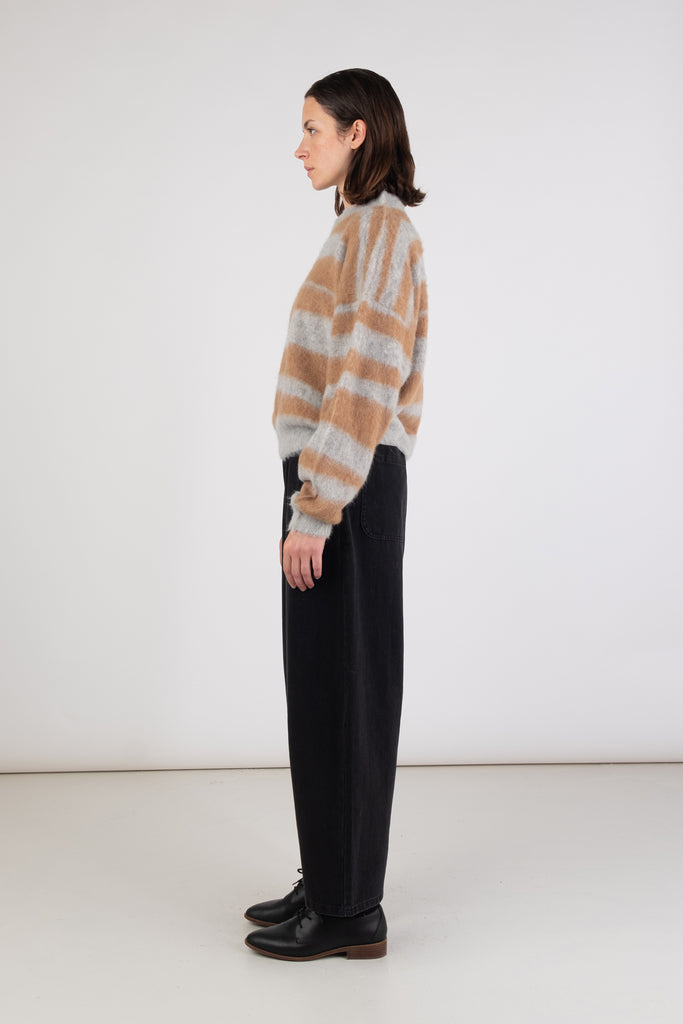 Camel and Heather Grey Stripe Brushed Pullover