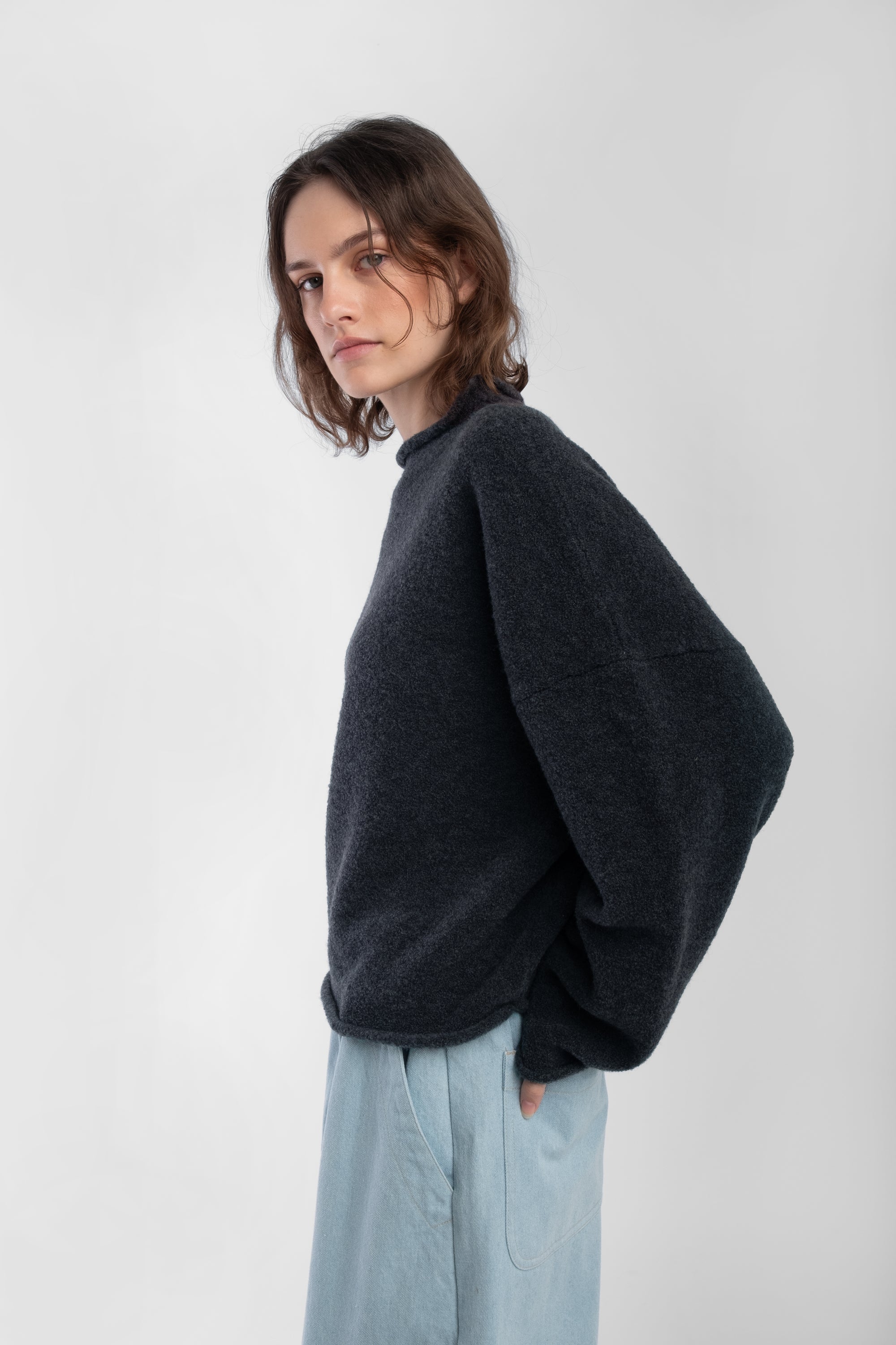 Charcoal Boucle Rolled Sweater