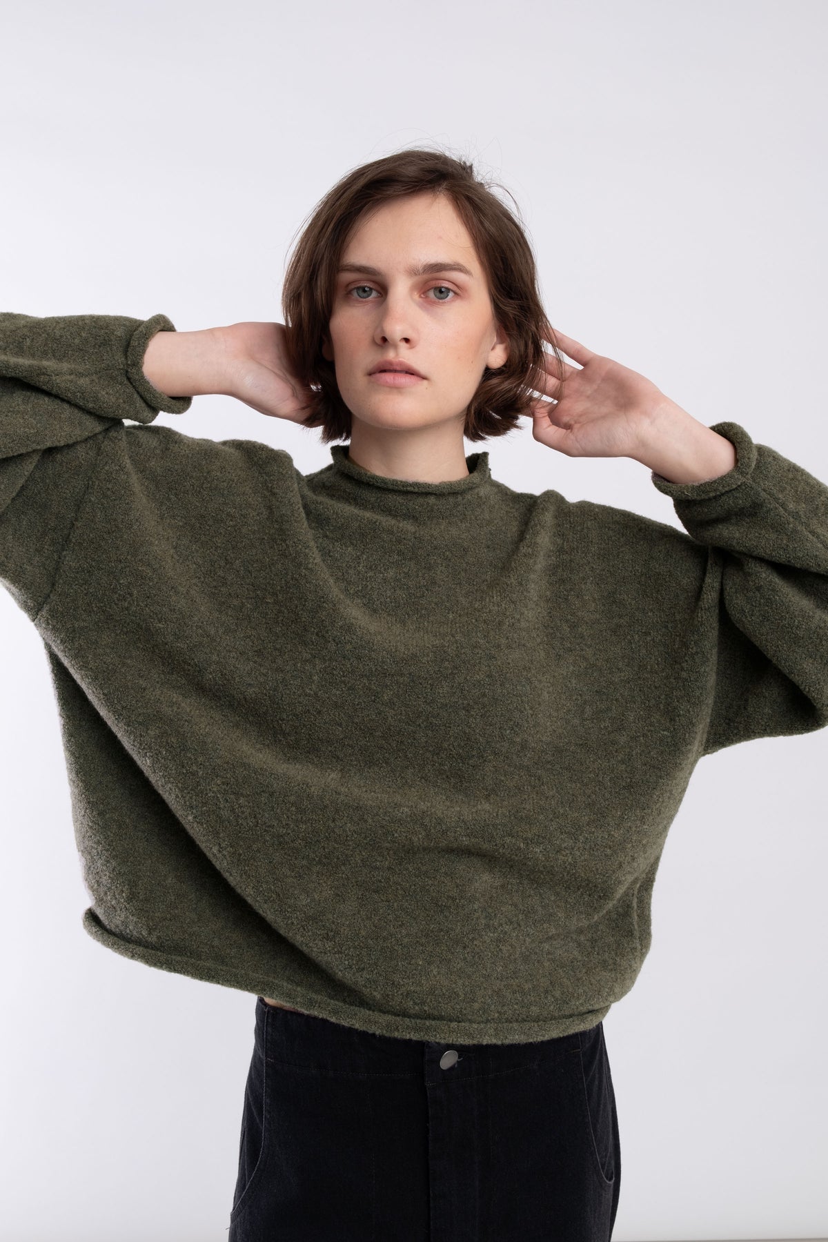 Dark Olive Boucle Rolled Sweater