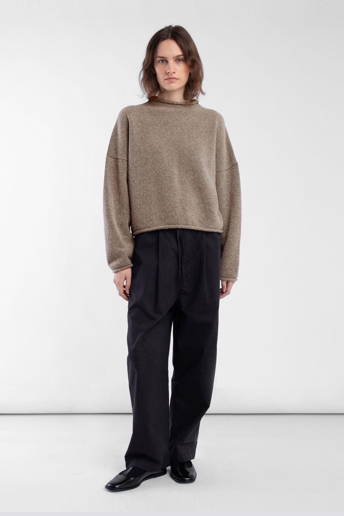 Camel Boucle Rolled Sweater