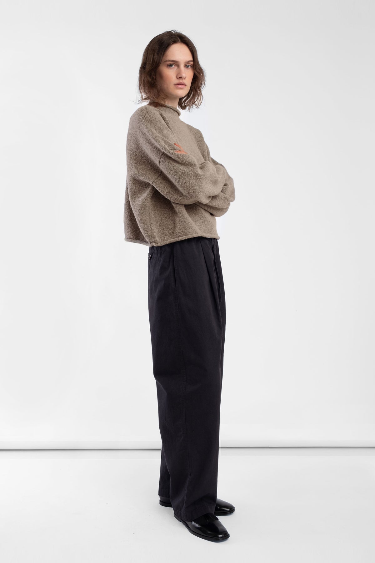 Camel Boucle Rolled Sweater