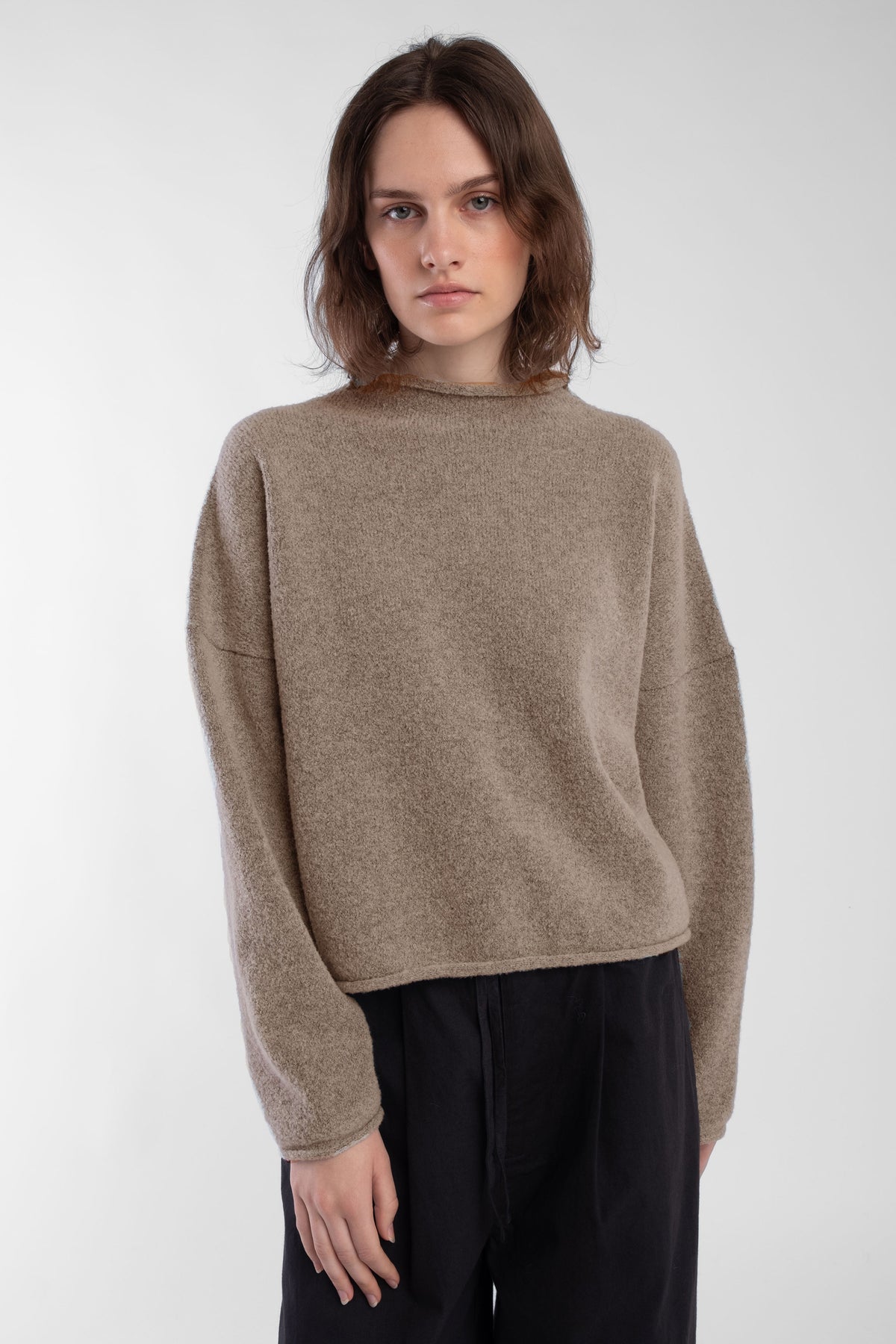 Camel Boucle Rolled Sweater