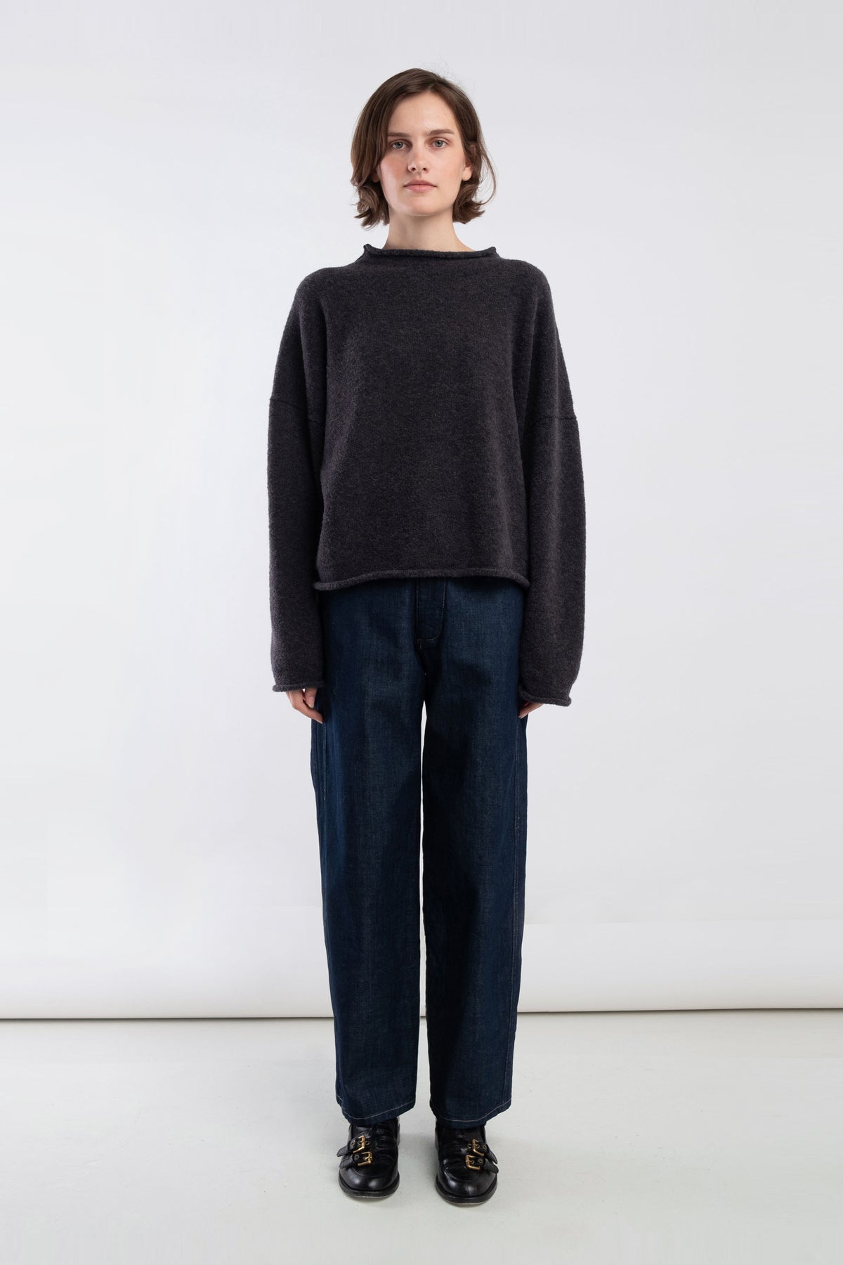 Charcoal Boucle Rolled Sweater