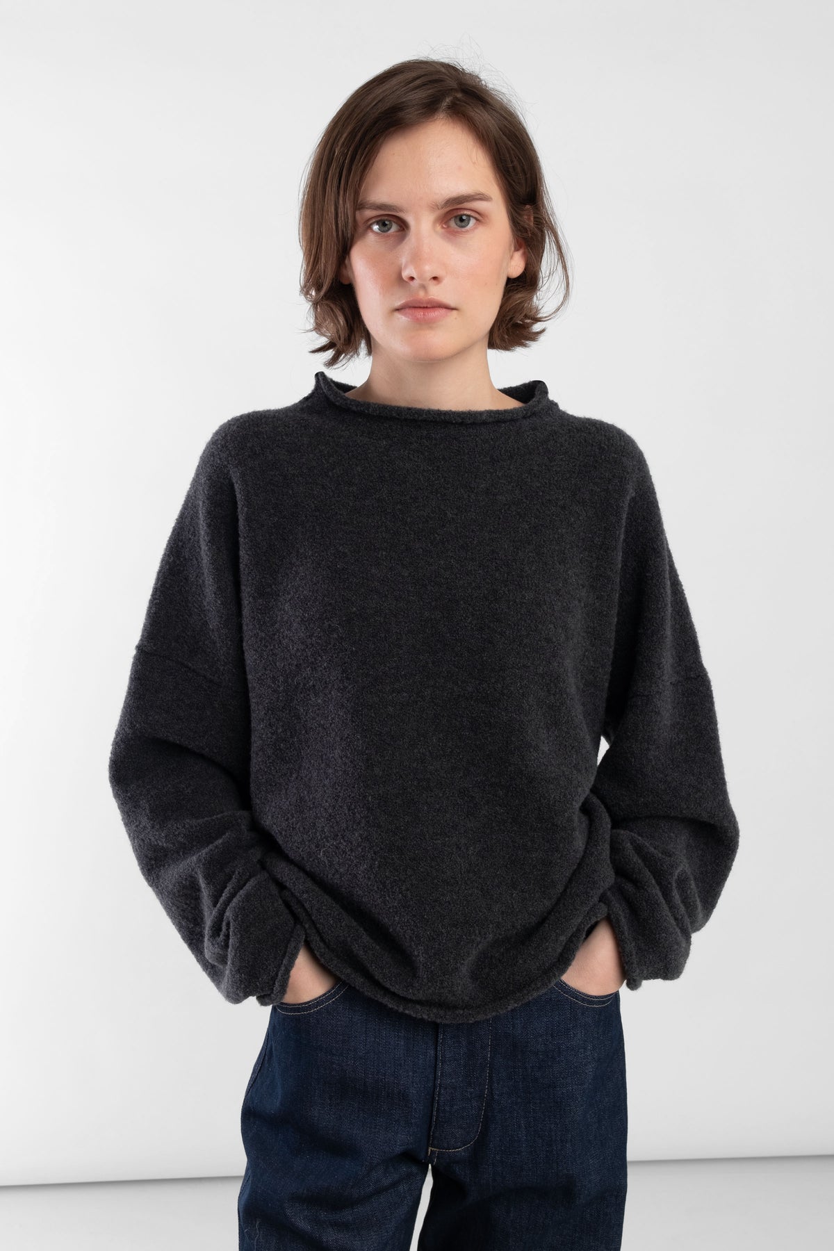 Charcoal Boucle Rolled Sweater