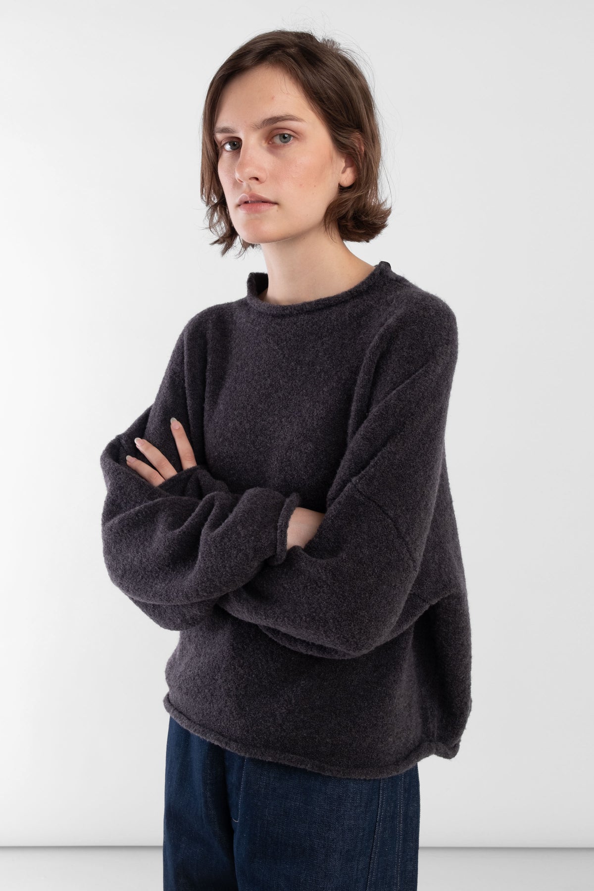 Charcoal Boucle Rolled Sweater