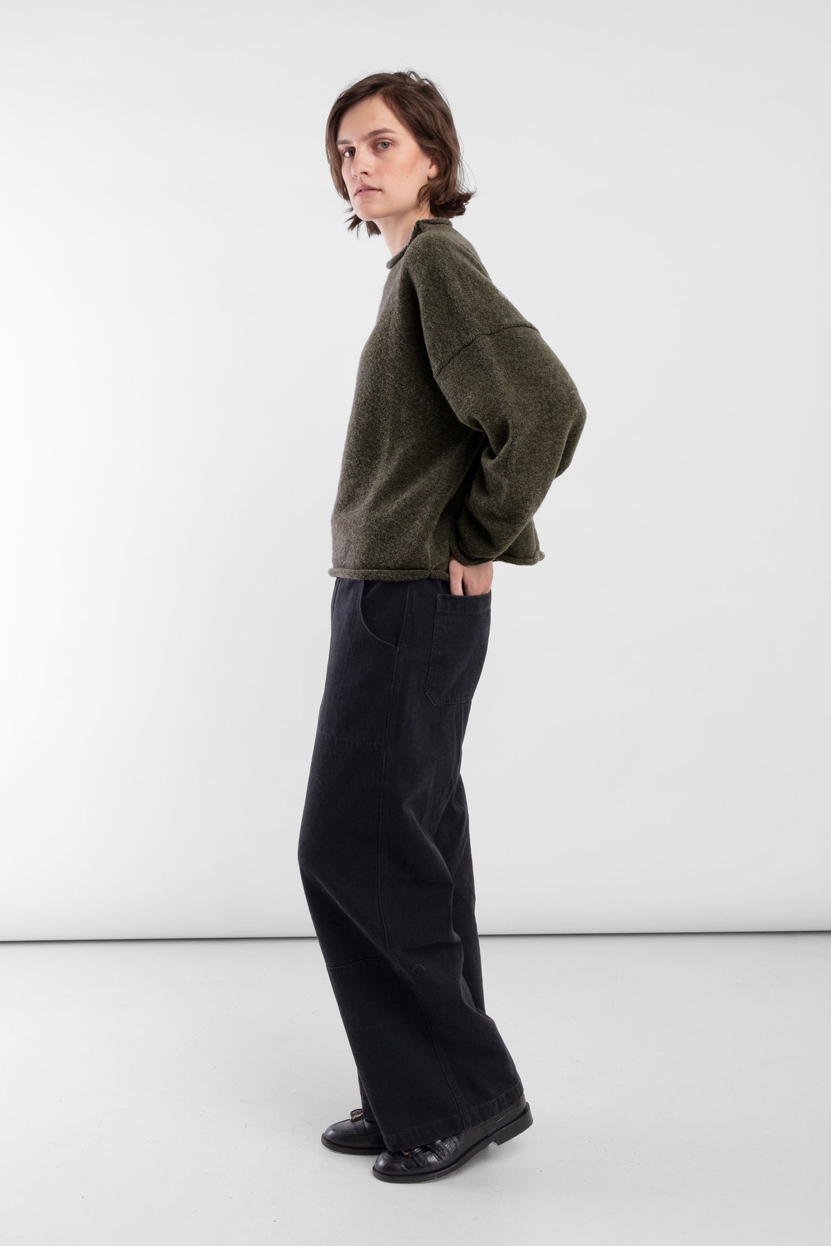 Dark Olive Boucle Rolled Sweater