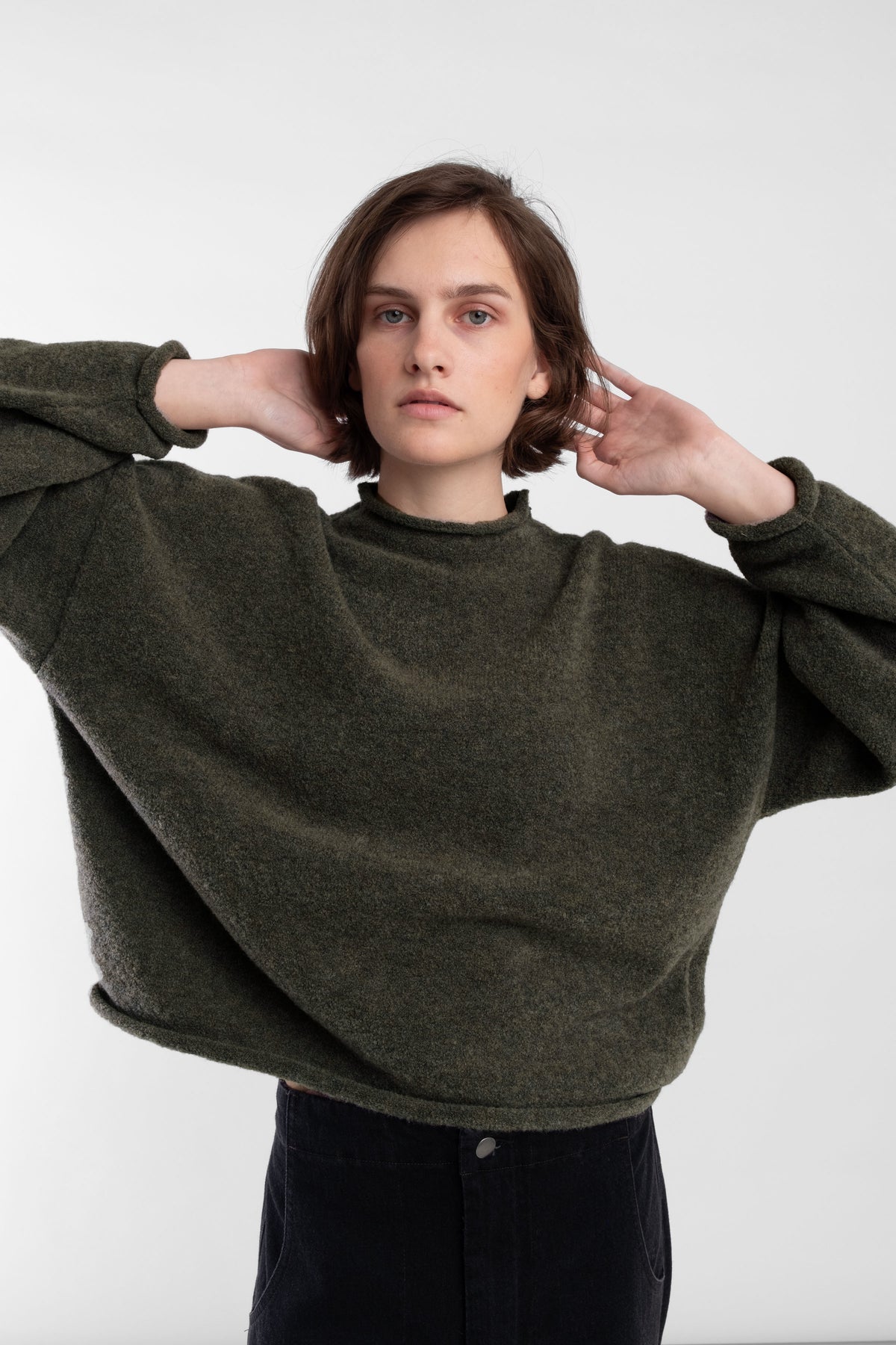 Dark Olive Boucle Rolled Sweater
