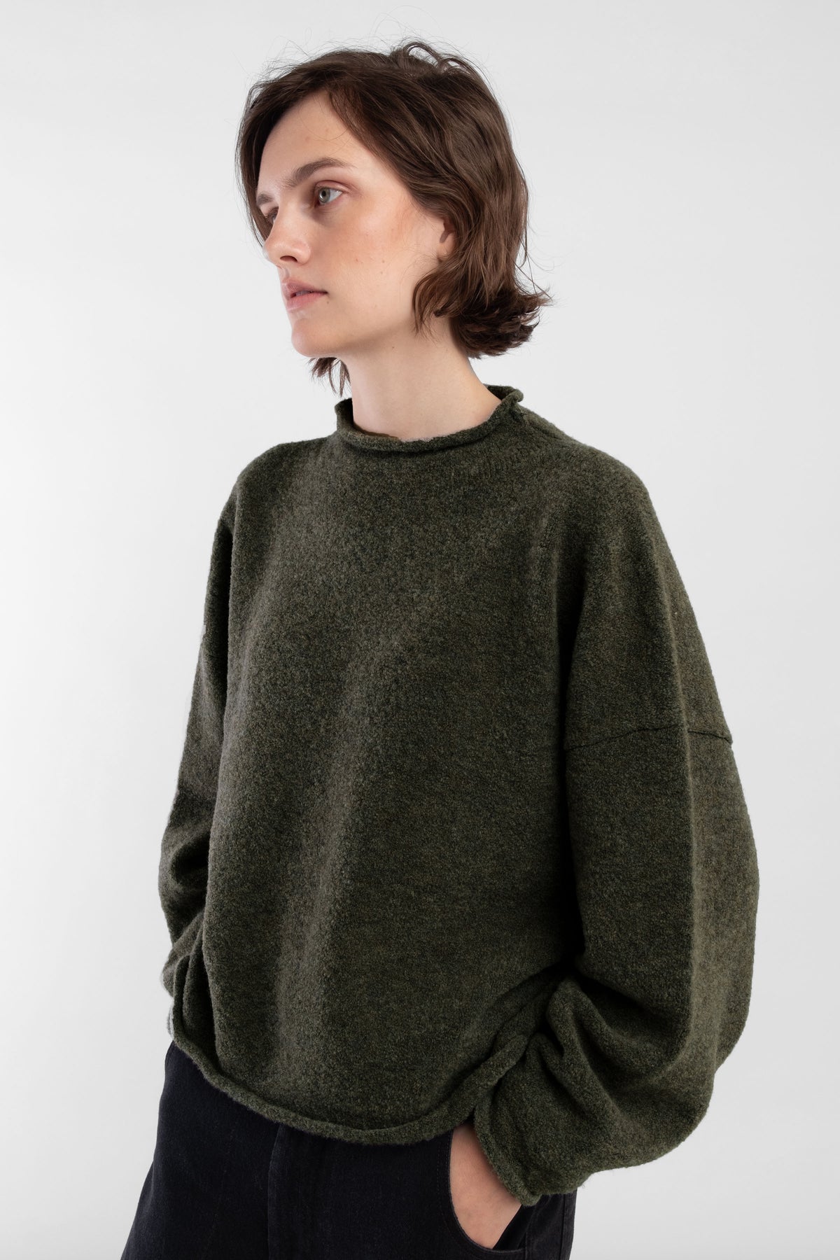 Dark Olive Boucle Rolled Sweater