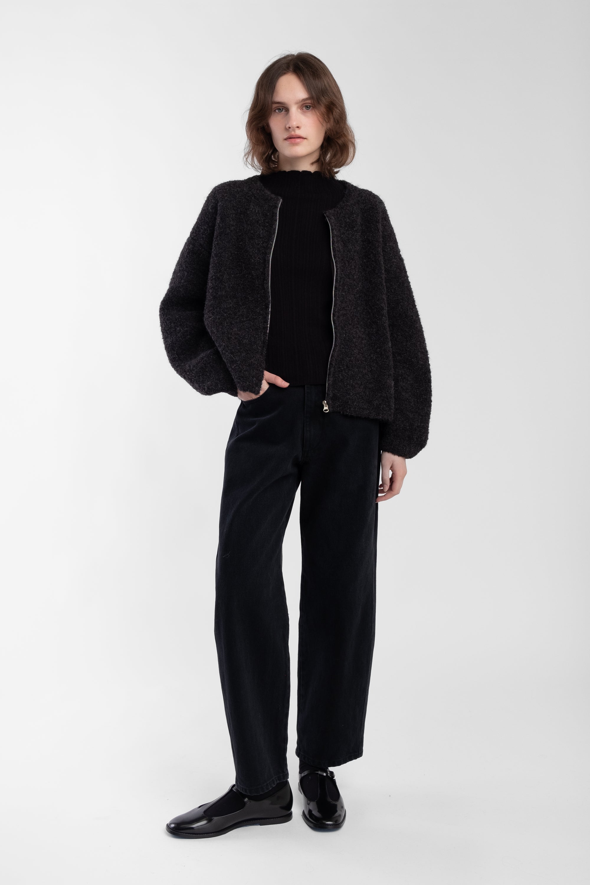 Charcoal Boucle Zip Cardigan