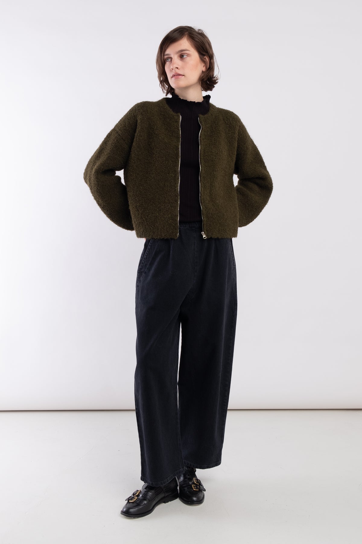 Olive Boucle Zip Cardigan