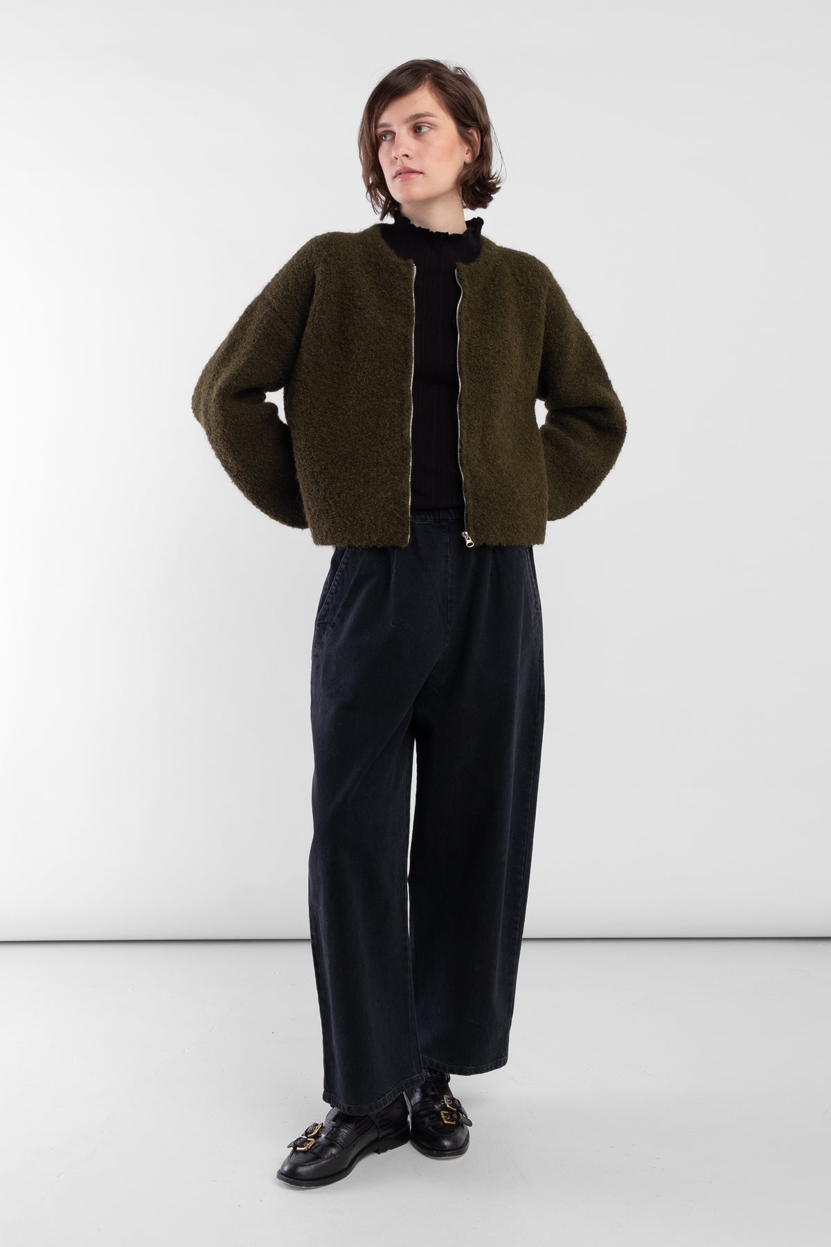 Olive Boucle Zip Cardigan