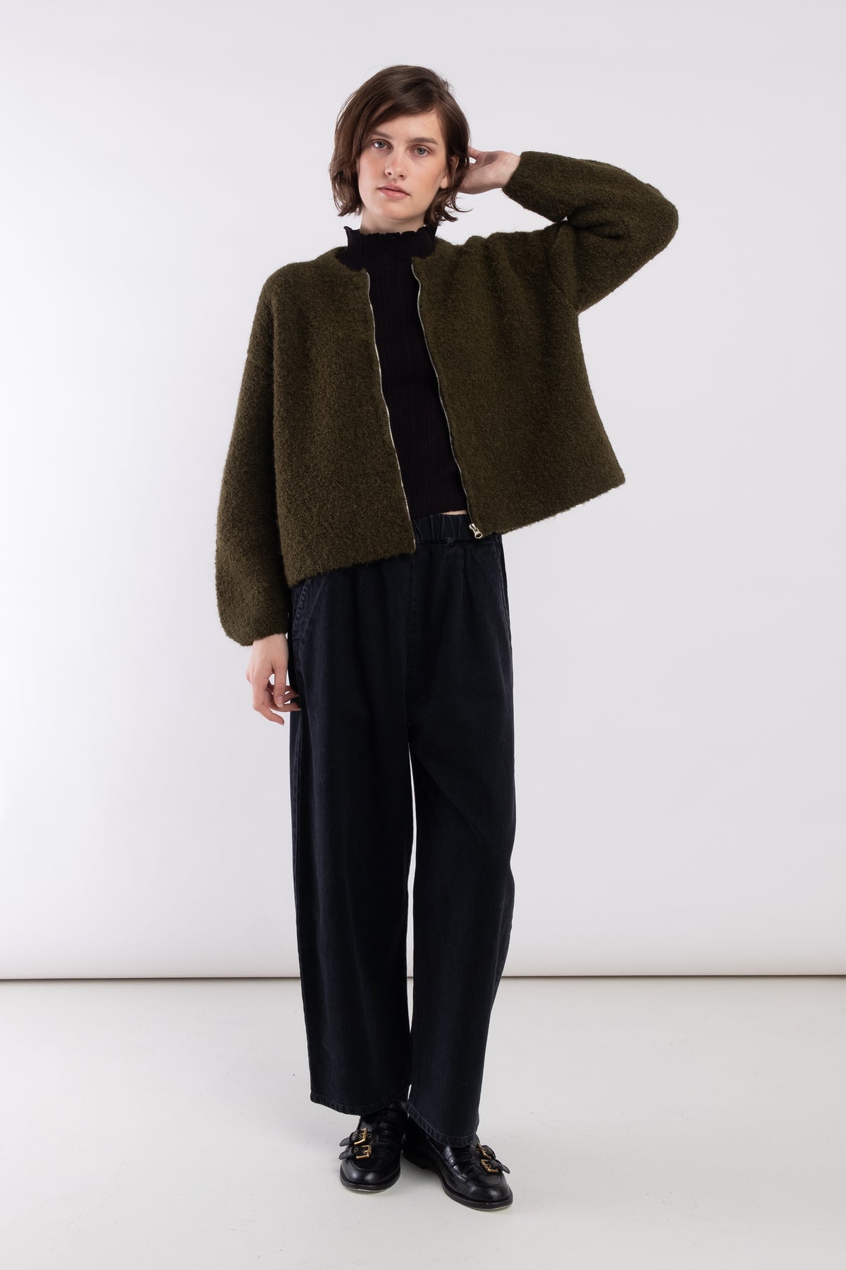 Olive Boucle Zip Cardigan