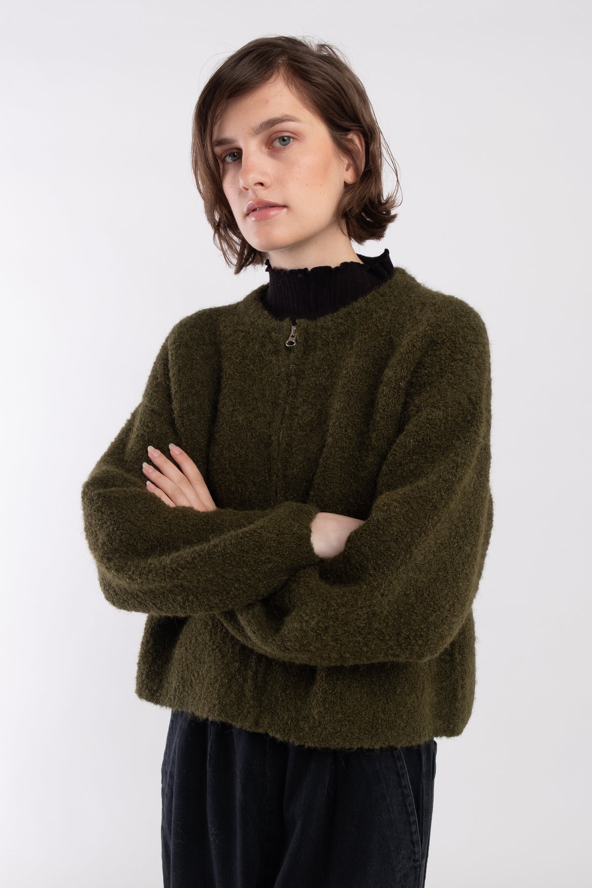 Olive Boucle Zip Cardigan