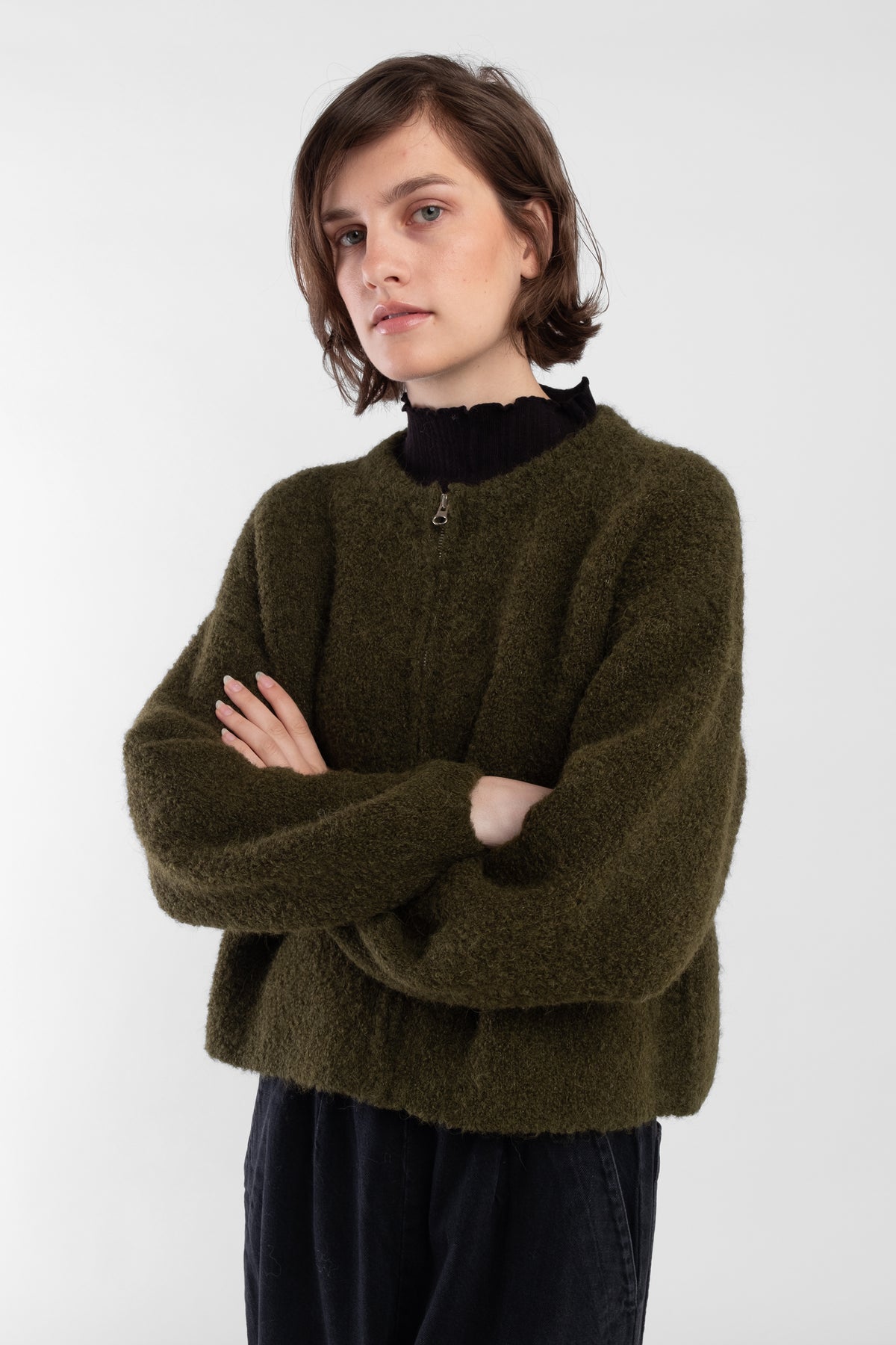 Olive Boucle Zip Cardigan