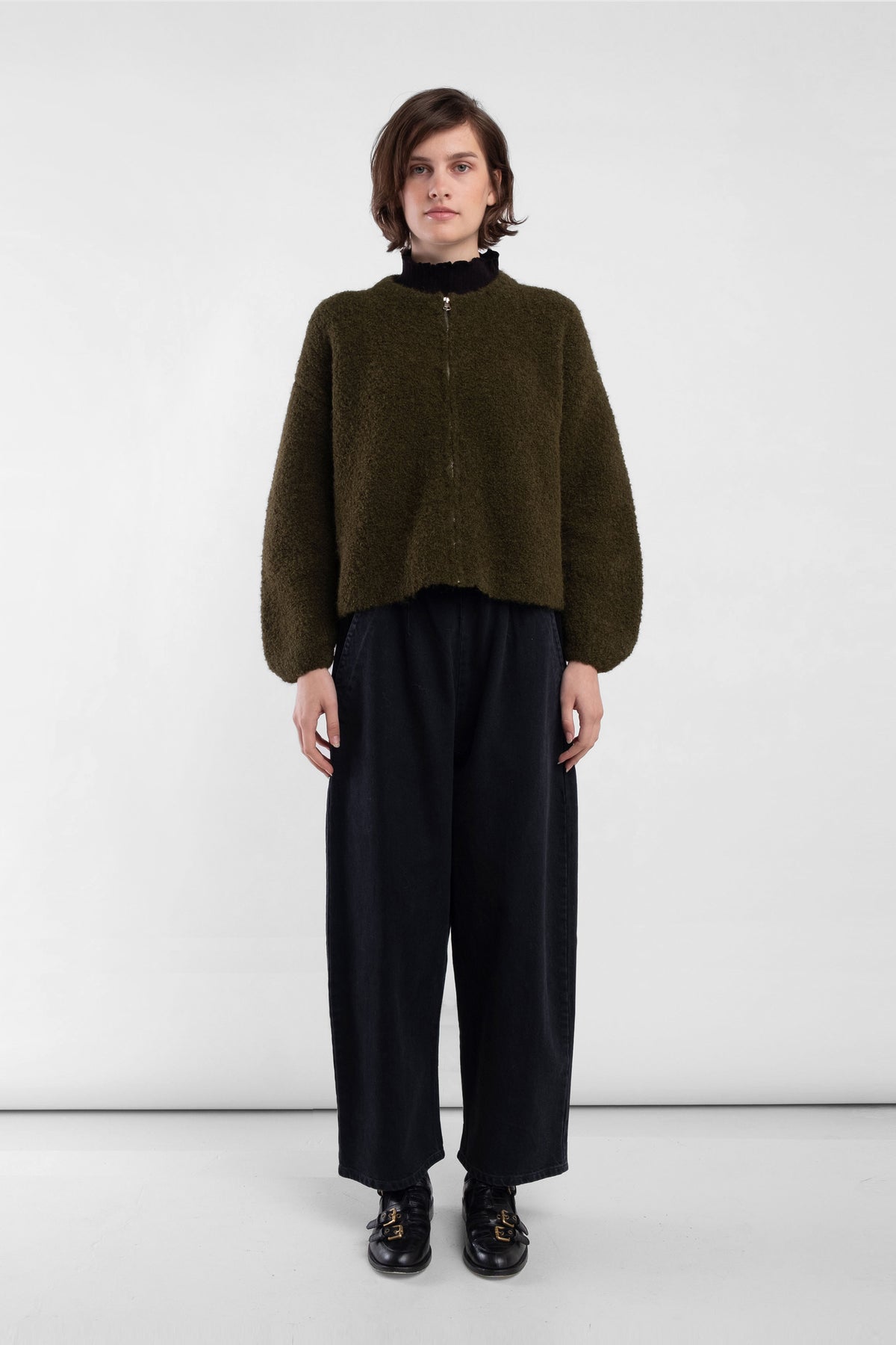 Olive Boucle Zip Cardigan