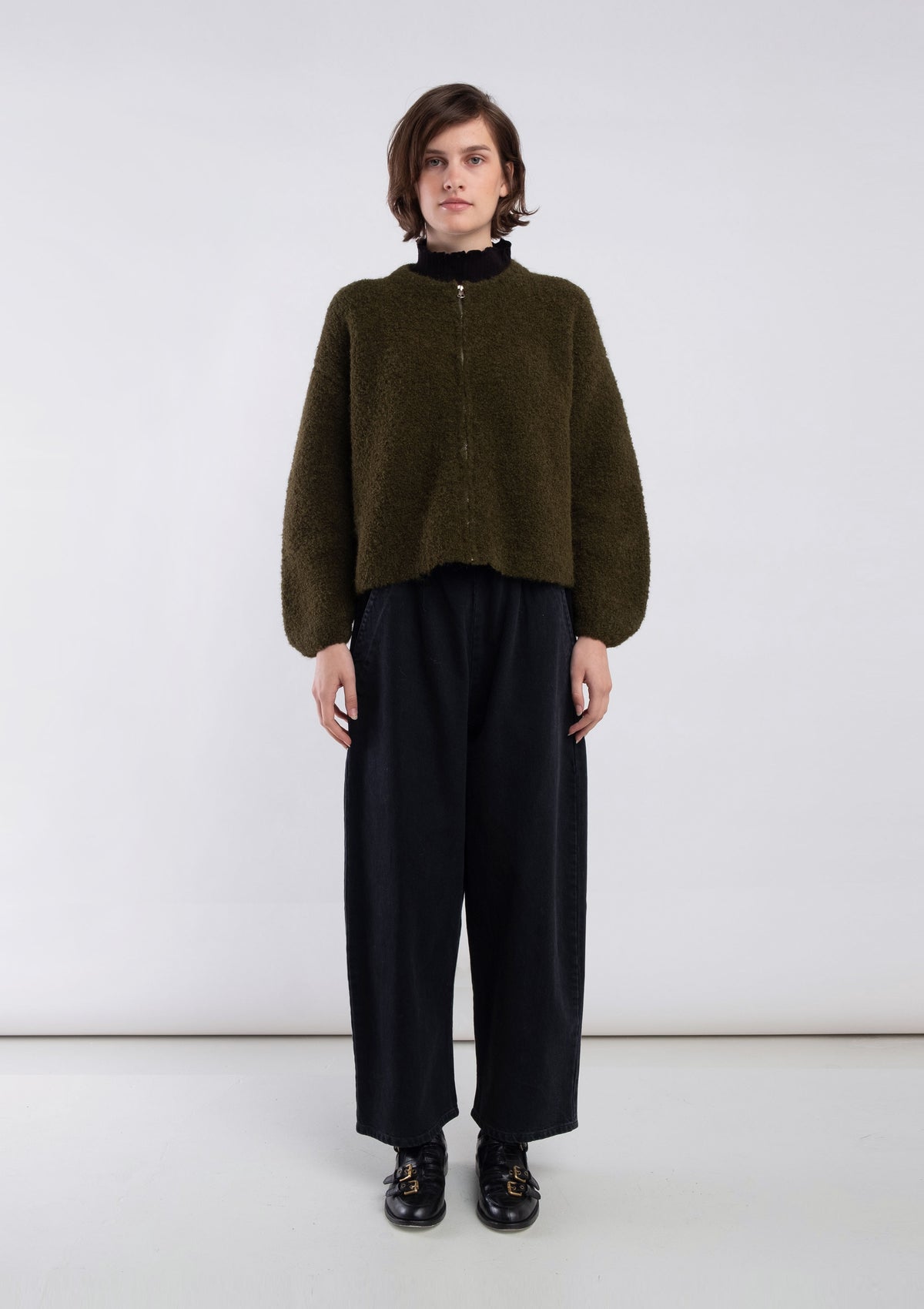 Olive Boucle Zip Cardigan