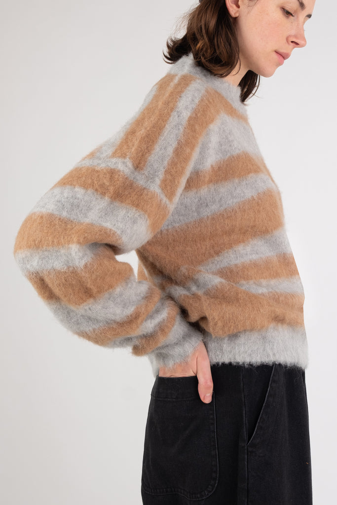 Camel and Heather Grey Stripe Brushed Pullover