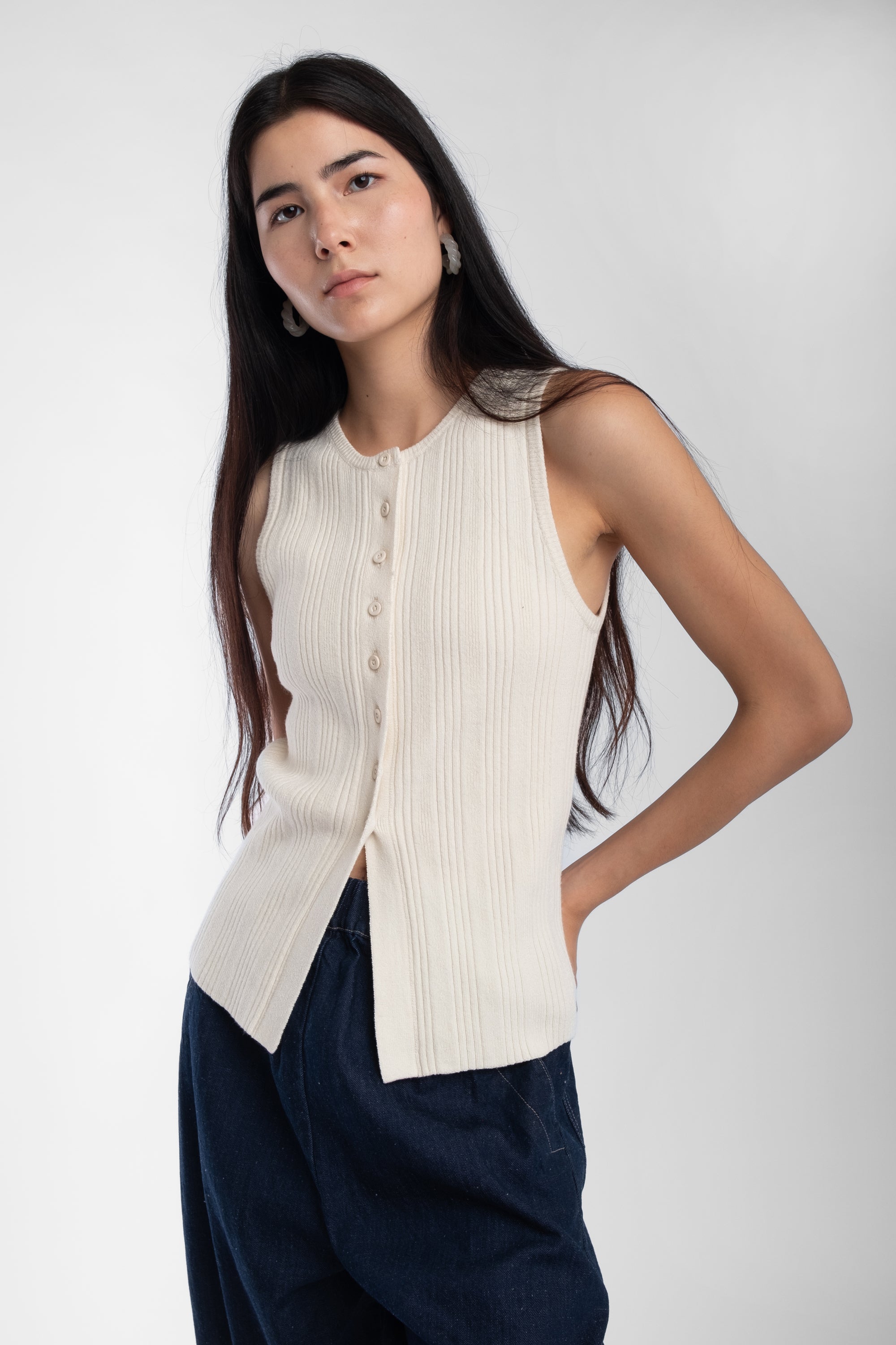 Mediam ミディアム　Shaggy One Shoulder Vest Cream Mix Rib Vest – Micaela Greg