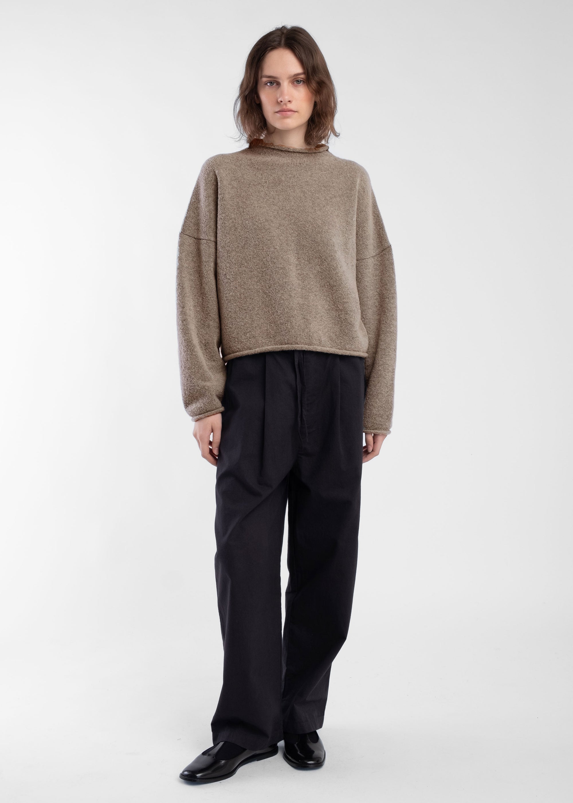 Camel Boucle Rolled Sweater