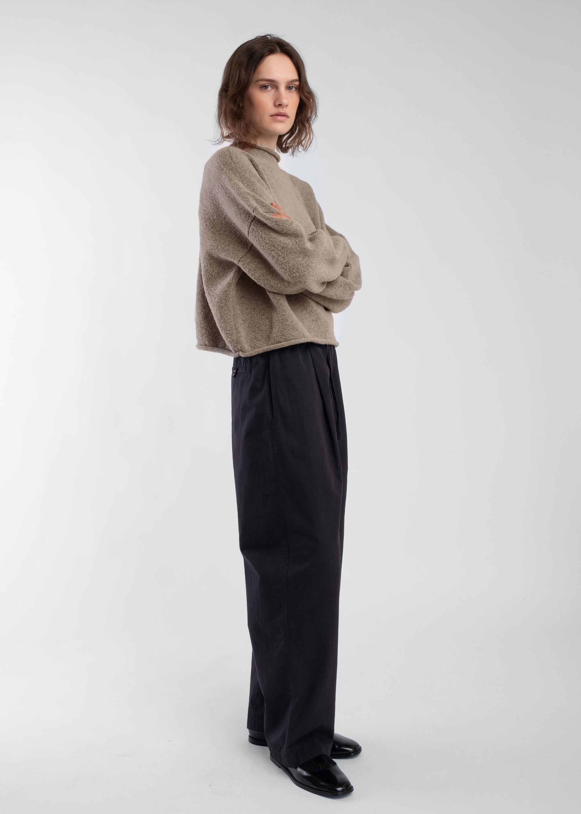 Camel Boucle Rolled Sweater