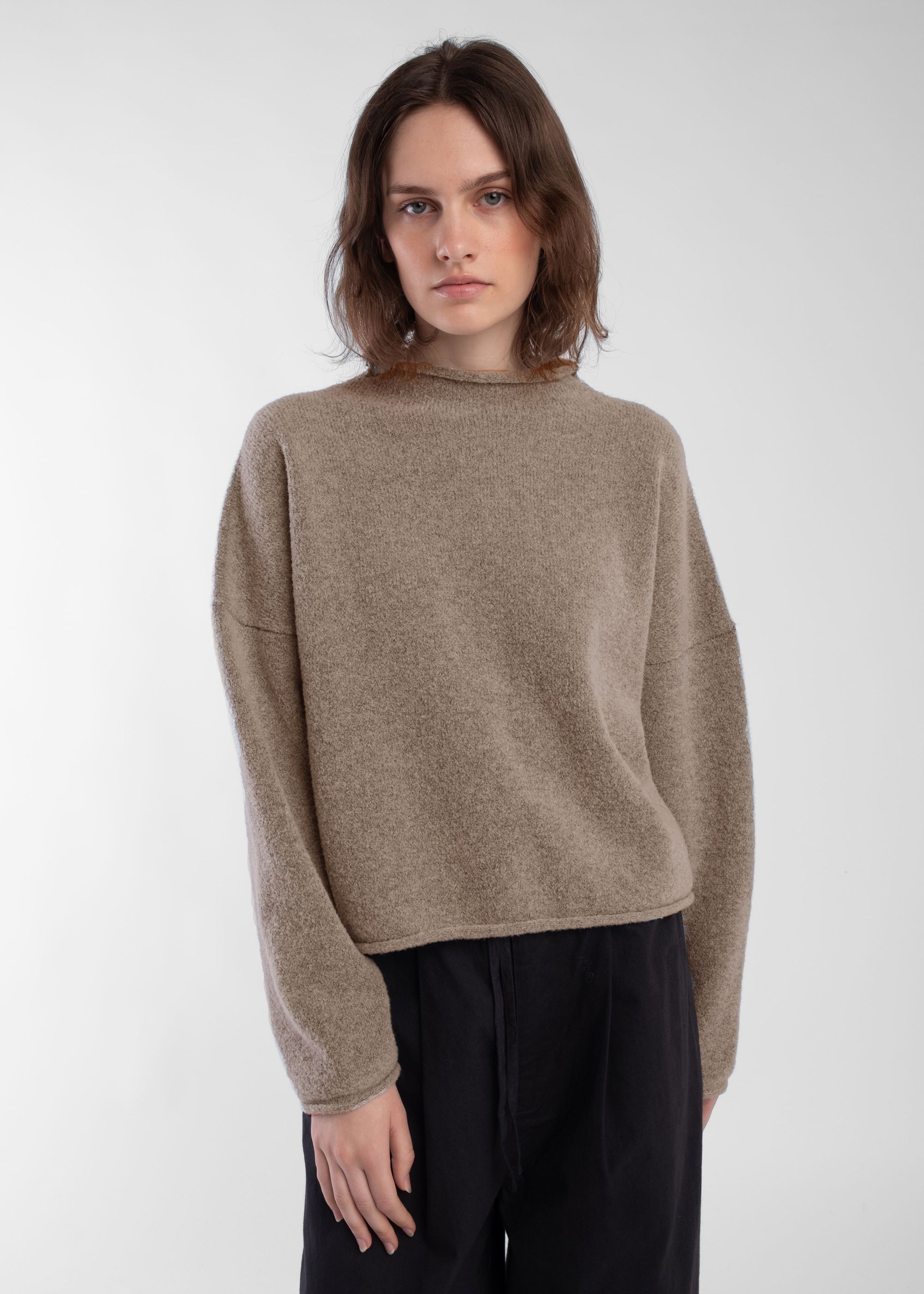 Camel Boucle Rolled Sweater
