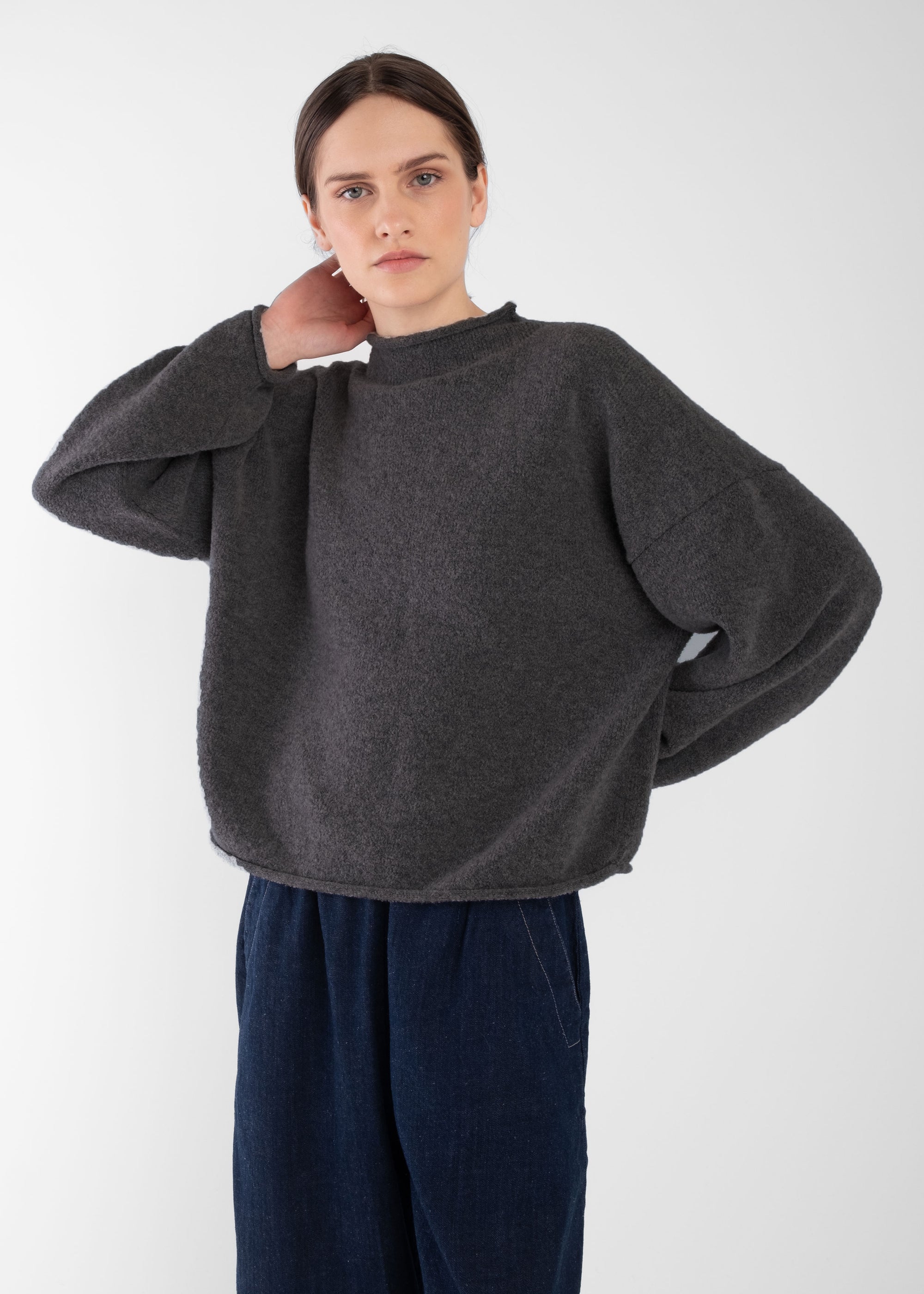 Mocha Boucle Rolled Sweater